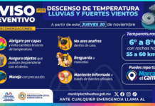 Alerta por posible descenso en temperaturas y vientos fuertes